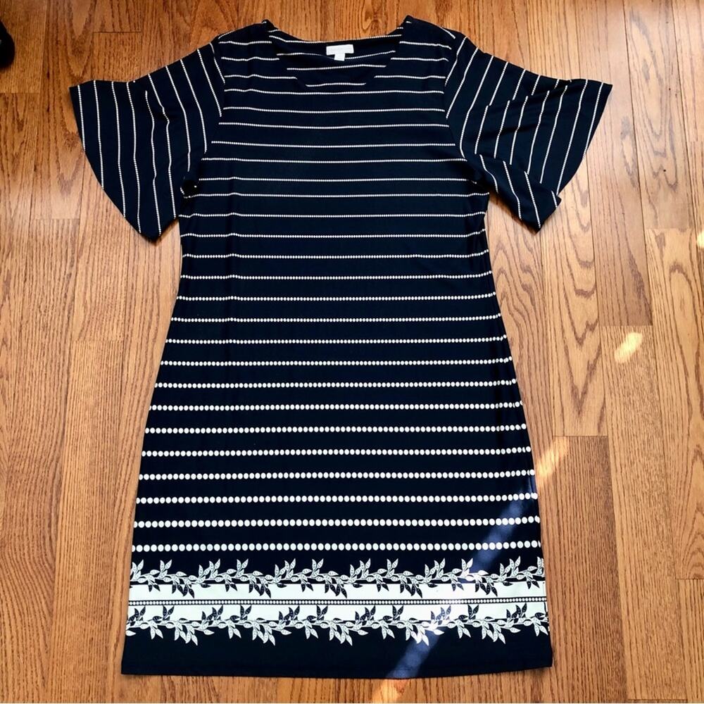 Charter Club Dots Stripes Floral Navy Blue Cream Flutter Sleeves Dress Size 2XL